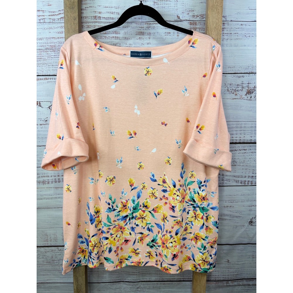 NWT Karen Scott Women's XXL (Fits like XL) Peach Floral Boat Neck Top